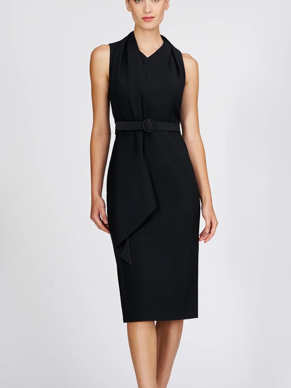 Kay Unger Annika Midi Dress Black Belted Sheath Scarf Neck Size 6